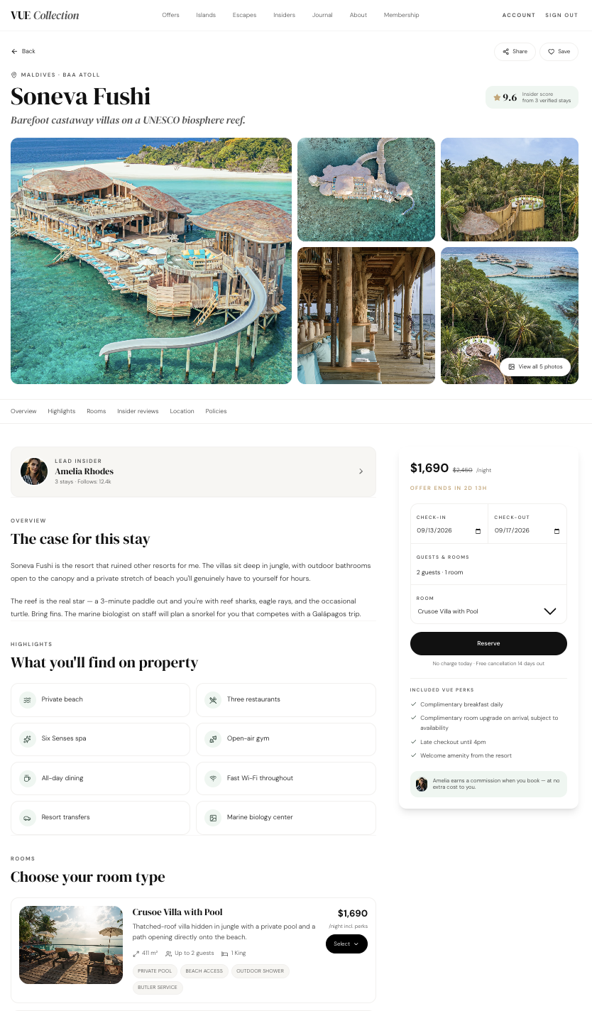 VUE resort stay and booking page