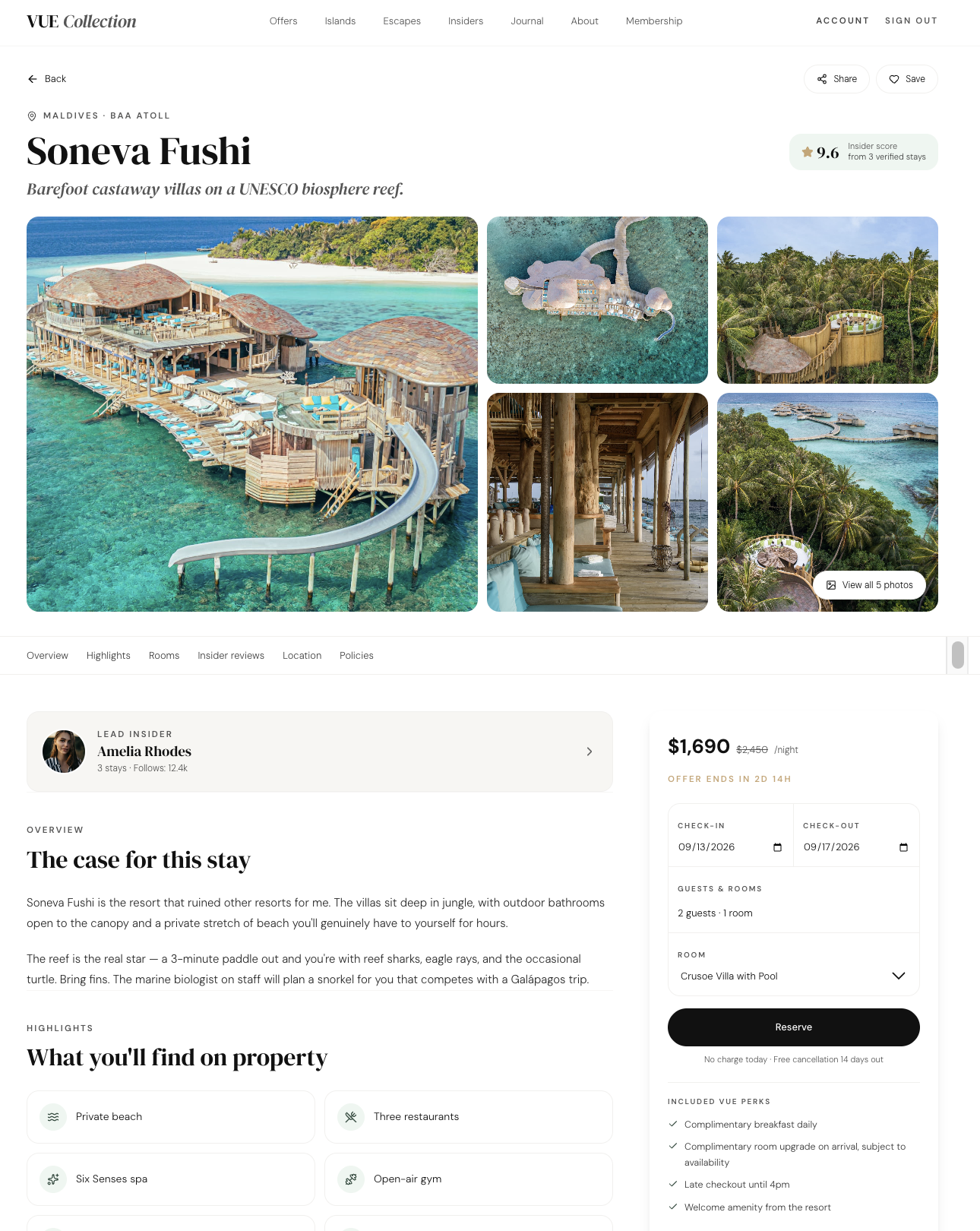 VUE resort stay page with rates, rooms and Insider reviews