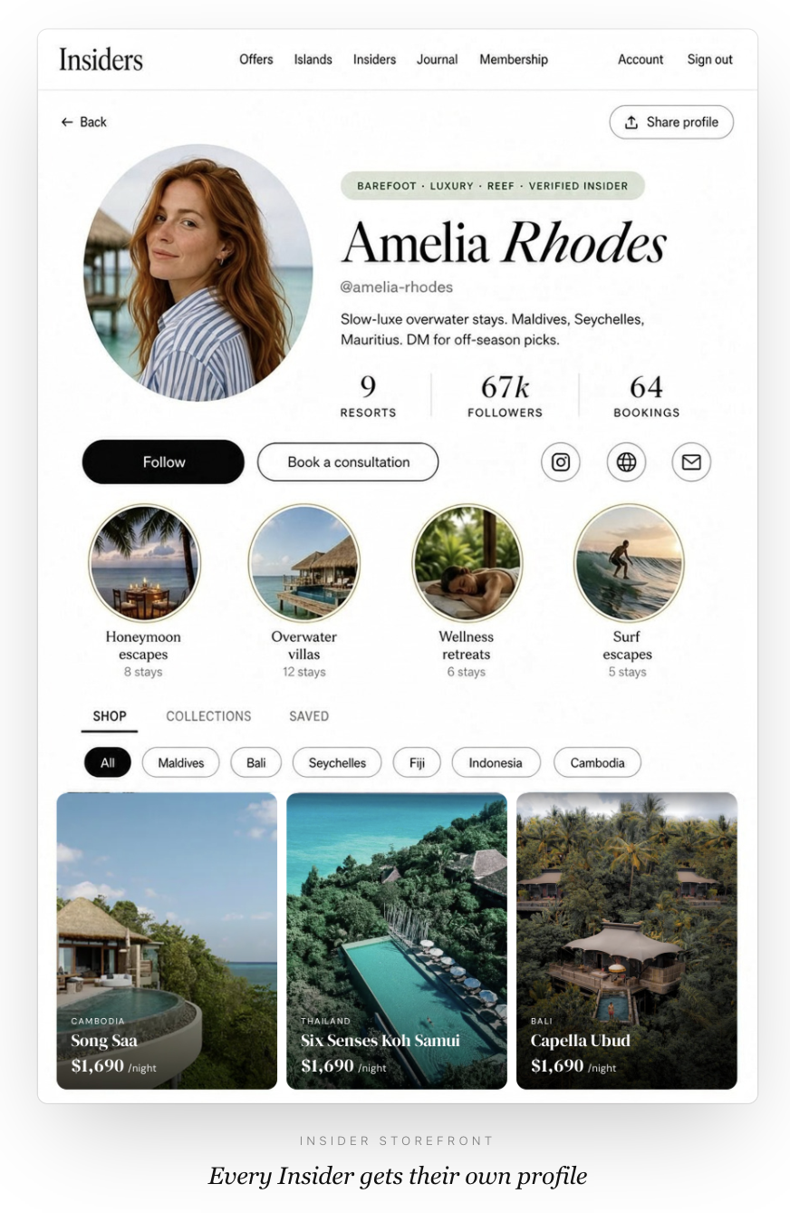 VUE Insider storefront profile with bookable resort stays