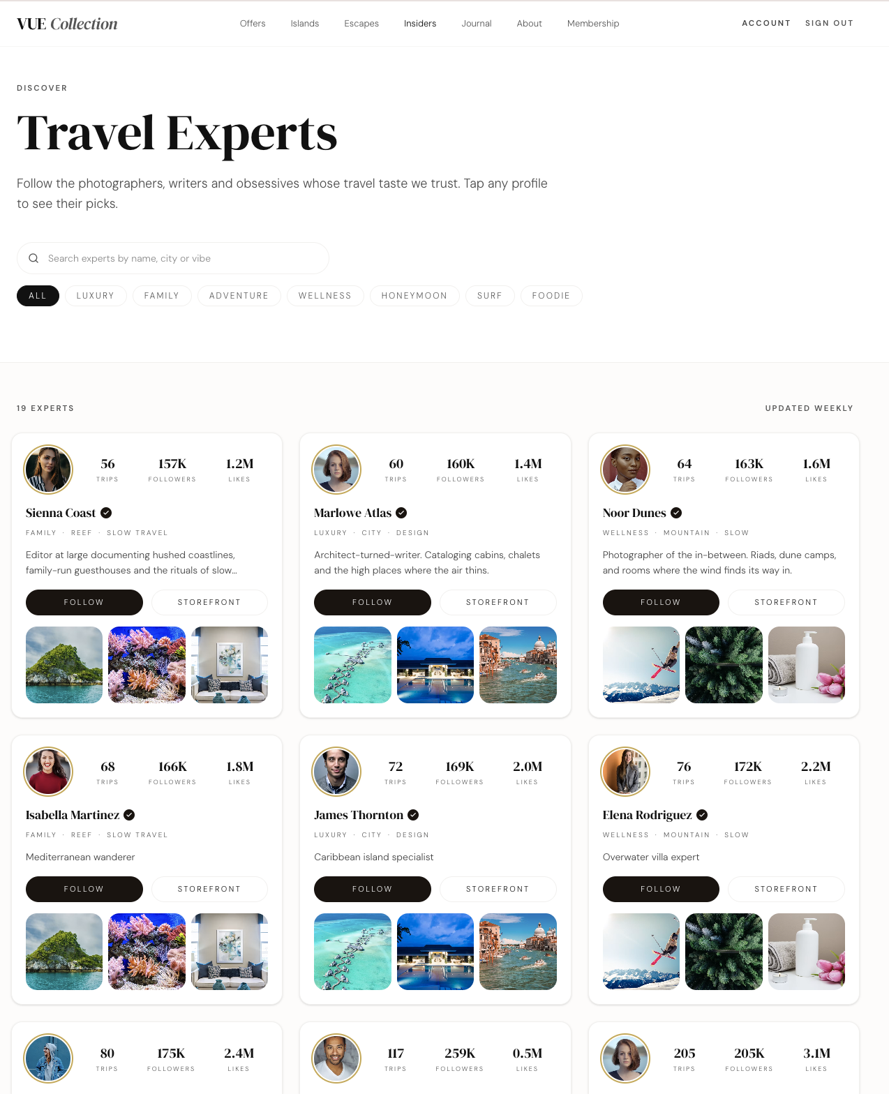 VUE Travel Experts directory with Insider profiles